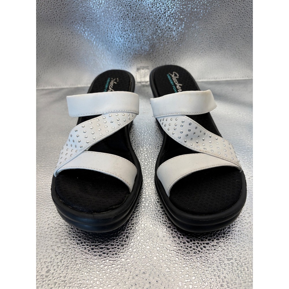 Skechers Cali Womens White Rhinestone Wedge Sandals Memory Foam Slides Size 8